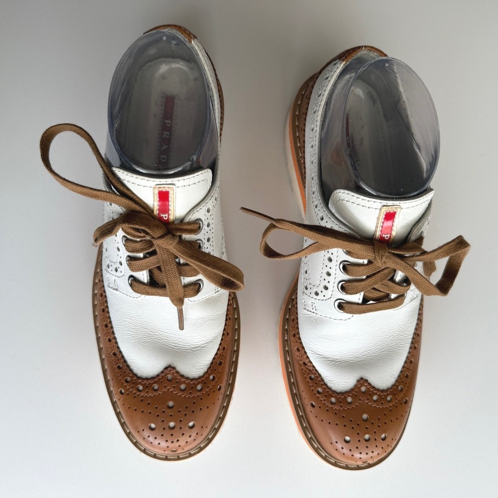 Prada Two Tone Perforated Leather Platform Brogues Brown White Shoes US size 7.5 - Picture 3 of 10